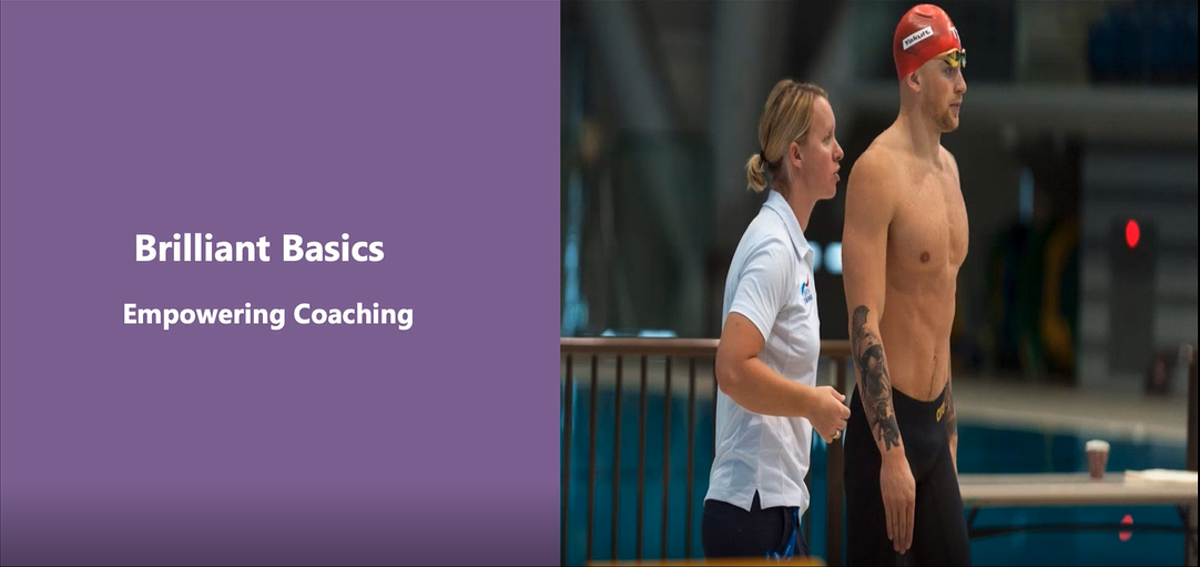Text on the left: Brilliant Basics, empowering coaching. Photo on the right: two people standing next to a swimming pool
